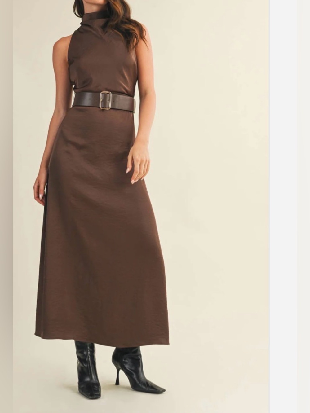 Brown Satin Maxi Dress with Belt - Picture 5 of 10